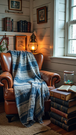 Cozy reading corner with leather chair and warm wool blanket by window in rustic library.の素材
