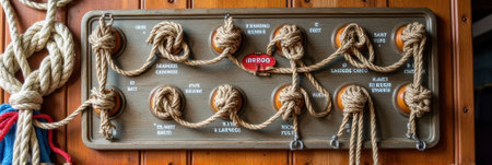 Nautical knot display board on wooden wall with coiled ropes and labels.の素材