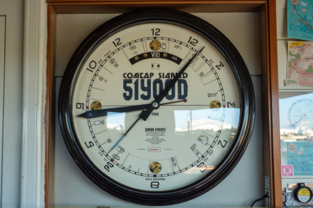 Vintage maritime ship's tide clock with nautical maps in background.の素材