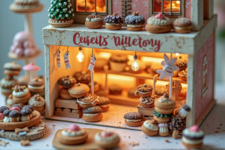 Charming miniature gingerbread bakery with assorted festive cookies and decorations.の素材
