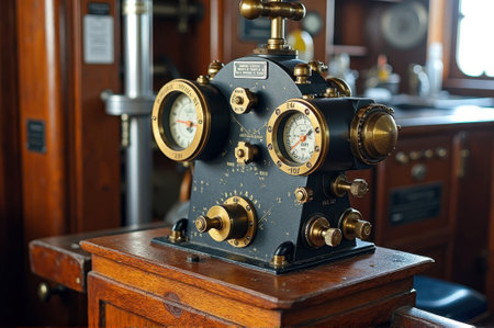 Vintage brass engine order telegraph in historic ship's wheelhouse interior. That the image is generated using AI.の素材