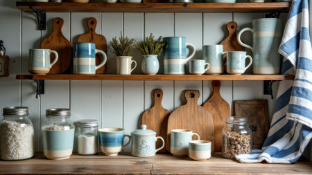 Rustic kitchen display with ceramic mugs and wooden cutting boards. That the image is generated using AI.の素材