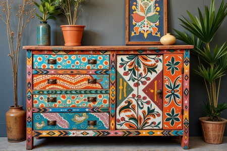 Colorful hand-painted vintage dresser with floral patterns and artistic design. That the image is generated using AI.の素材