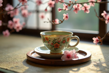 Elegant floral teacup with cherry blossoms on wooden tray by window. That the image is generated using AI.の素材