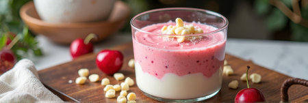 Creamy mango and strawberry smoothie with white chocolate and fresh cherries on wooden tray. That the image is generated using AI.の素材