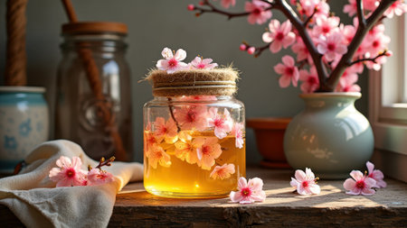 Cherry blossom honey jar with flowers in sunlit rustic kitchen. That the image is generated using AI.の素材