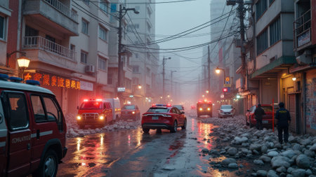 Urban street scene with emergency vehicles and snow in misty weather. That the image is generated using AI.の素材