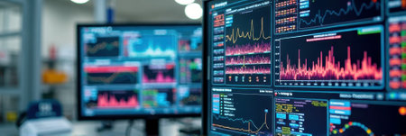 Data analytics in modern finance: monitors displaying graphs and charts in a tech office. That the image is generated using AI.の素材