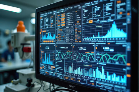 Advanced data analysis on computer screen in laboratory environment. That the image is generated using AI.の素材