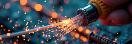 Close-up of fiber optic cable sparks in vibrant technological setting. That the image is generated using AI.の素材