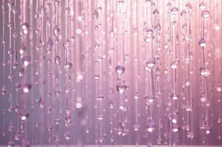 Elegant pink water droplets suspended in air with soft focus background. That the image is generated using AI.の素材