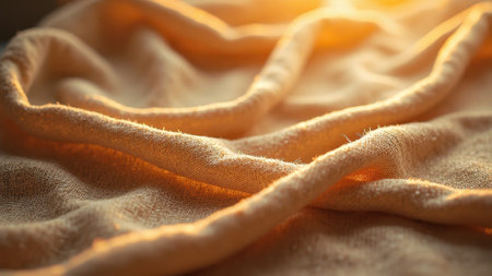 Cozy golden fabric with sunlit folds and organic texture. That the image is generated using AI.の素材