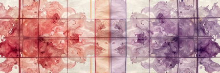 Abstract floral watercolor pattern with symmetrical red and purple splashes. That the image is generated using AI.の素材