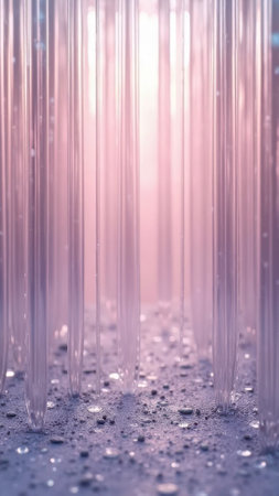 Ethereal pink-hued glass tubes with sparkling water droplets. That the image is generated using AI.の素材