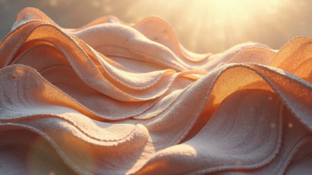 Sunlit waves of fabric textures in golden glow. That the image is generated using AI.の素材