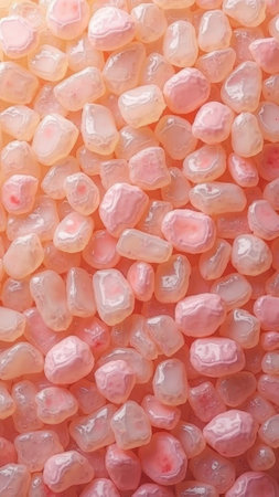 Closeup of glossy pink and peach jelly candy gems in soft light. That the image is generated using AI.の素材