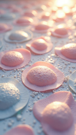 Colorful soft capsules on textured surface under sunlight. That the image is generated using AI.の素材