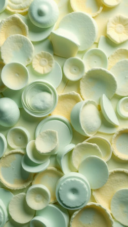Pastel green and cream circular forms arrangement with varied textures. That the image is generated using AI.の素材