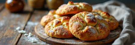 Freshly baked rustic bread rolls on wooden table with flour dusting. That the image is generated using AI.の素材