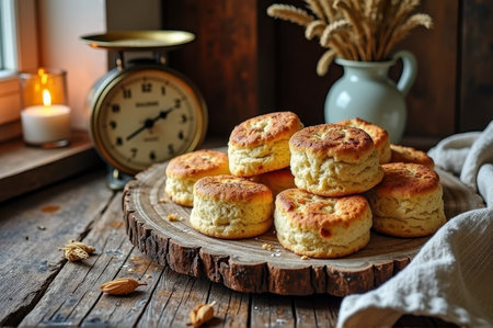 Rustic biscuits on wooden table by vintage scale and candlelight. That the image is generated using AI.の素材