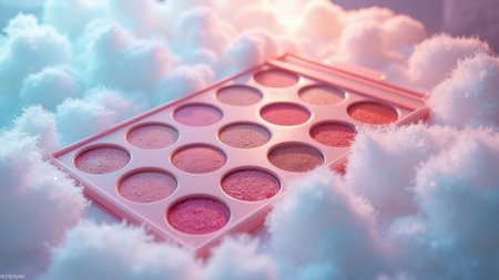 Colorful makeup palette surrounded by dreamy cloud-like settings. That the image is generated using AI.の素材