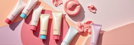 Colorful cosmetic tube set with flower accents on pastel background. That the image is generated using AI.の素材