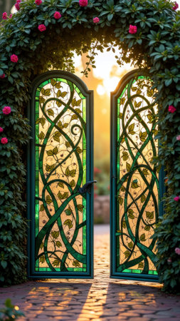 Elegant stained glass garden gate with sunlit vine details and floral archway. That the image is generated using AI.の素材