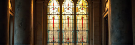Sunlit gothic stained glass windows in classical architecture. That the image is generated using AI.の素材