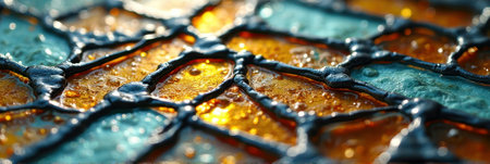 Close-up of abstract stained glass with blue and orange hues. That the image is generated using AI.の素材