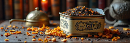 Vintage tea tin with loose leaf tea and dried fruits on antique table. That the image is generated using AI.の素材