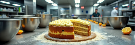 Delicious layer cake in professional kitchen with sliced oranges and stainless steel bowls. That the image is generated using AI.の素材