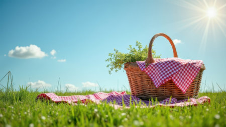 Picnic basket on lush green grass under sunny blue sky with clouds. That the image is generated using AI.の素材