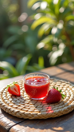 Refreshing strawberry smoothie in sunlit garden setting with fresh strawberries. That the image is generated using AI.の素材