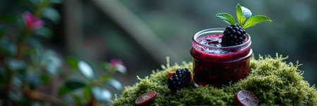 Rustic blackberry jam jar on moss with foliage background and fresh garnish. That the image is generated using AI.の素材