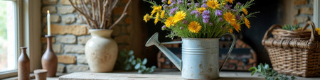 Rustic floral arrangement in vintage watering can on wooden table. That the image is generated using AI.の素材