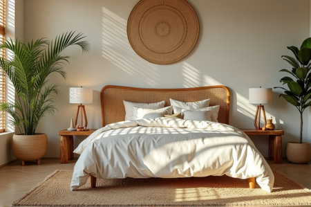 Cozy modern bedroom with natural decor and minimalist design featuring plants. That the image is generated using AI.の素材
