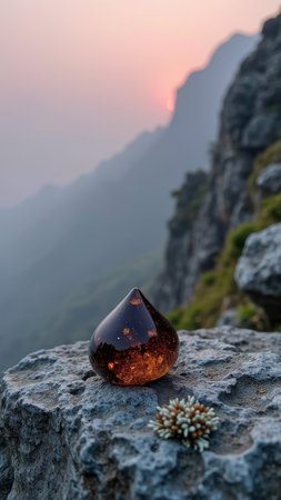 Amber gemstone on rocky cliff at sunset with misty mountain view. That the image is generated using AI.の素材