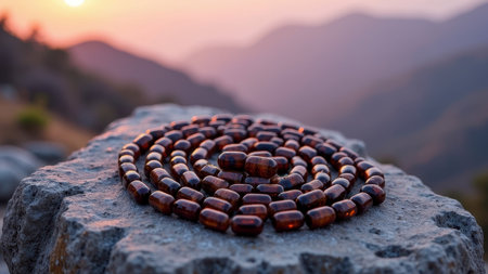 Spiritual beads arranged in spiral on rock at sunset in mountainous landscape. That the image is generated using AI.の素材