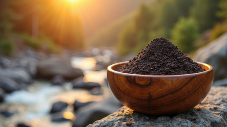 Rich soil in wooden bowl by river at sunrise in nature setting. That the image is generated using AI.の素材