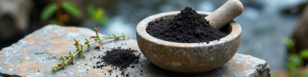 Natural black powder in stone mortar with pestle on rustic outdoor table. That the image is generated using AI.の素材