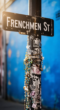Frenchmen street sign adorned with beads and stickers in new orleans. That the image is generated using AI.の素材