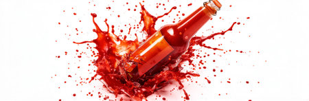 Splashing red sauce exploding from glass bottle. That the image is generated using AI.の素材