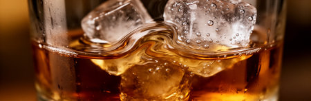 Close-up of whiskey with ice cubes creating a swirl. That the image is generated using AI.の素材