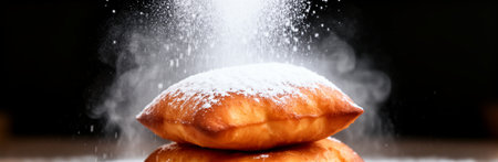 Delicious beignets with powdered sugar dusting. That the image is generated using AI.の素材