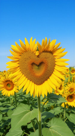 Heart-shaped sunflower against clear blue sky in vibrant summer field. That the image is generated using AI.の素材