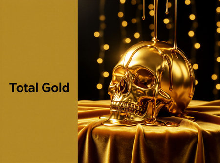 Golden skull with dripping melted gold on luxurious fabric background. That the image is generated using AI.の素材