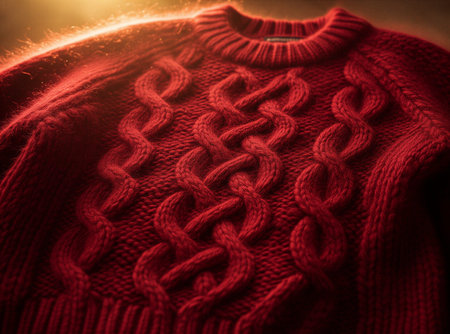 Cozy red cable knit sweater with intricate patterns in warm lighting. That the image is generated using AI.の素材