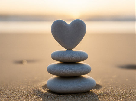 Heart-shaped stone balancing on smooth pebbles at tranquil beach sunset. That the image is generated using AI.の素材