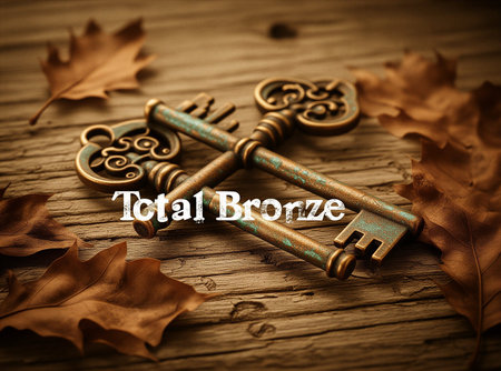 Vintage bronze keys with autumn leaves on wooden surface. That the image is generated using AI.の素材