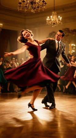 Elegant couple ballroom dancing in vintage attire under chandeliers. That the image is generated using AI.の素材